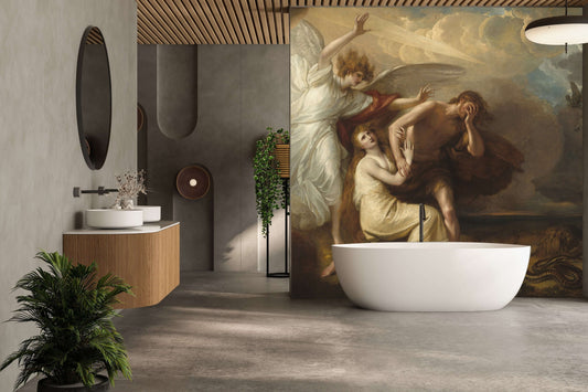 Modern bathroom featuring art-inspired wall panel and stylish fixtures, blending luxury and elegance.