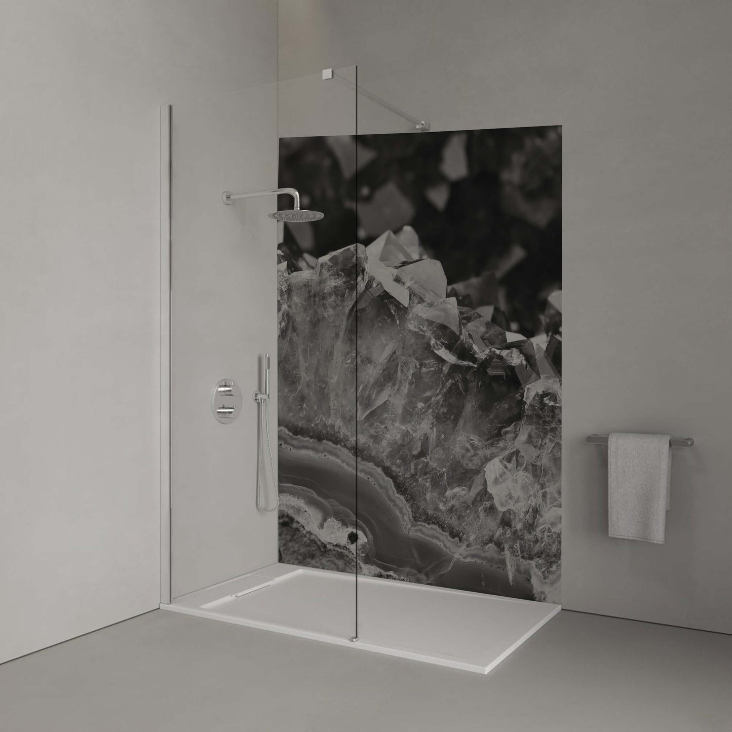 Monochrome amethyst panel in a modern shower, showcasing layered crystalline structure in black and white.