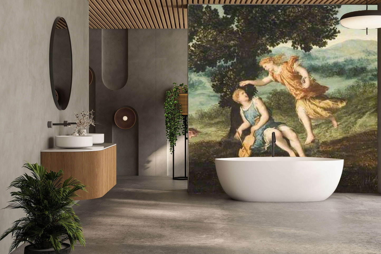 Luxury bathroom featuring bespoke shower panel with vivid mythological scene from the Tate Collection by Opelli.
