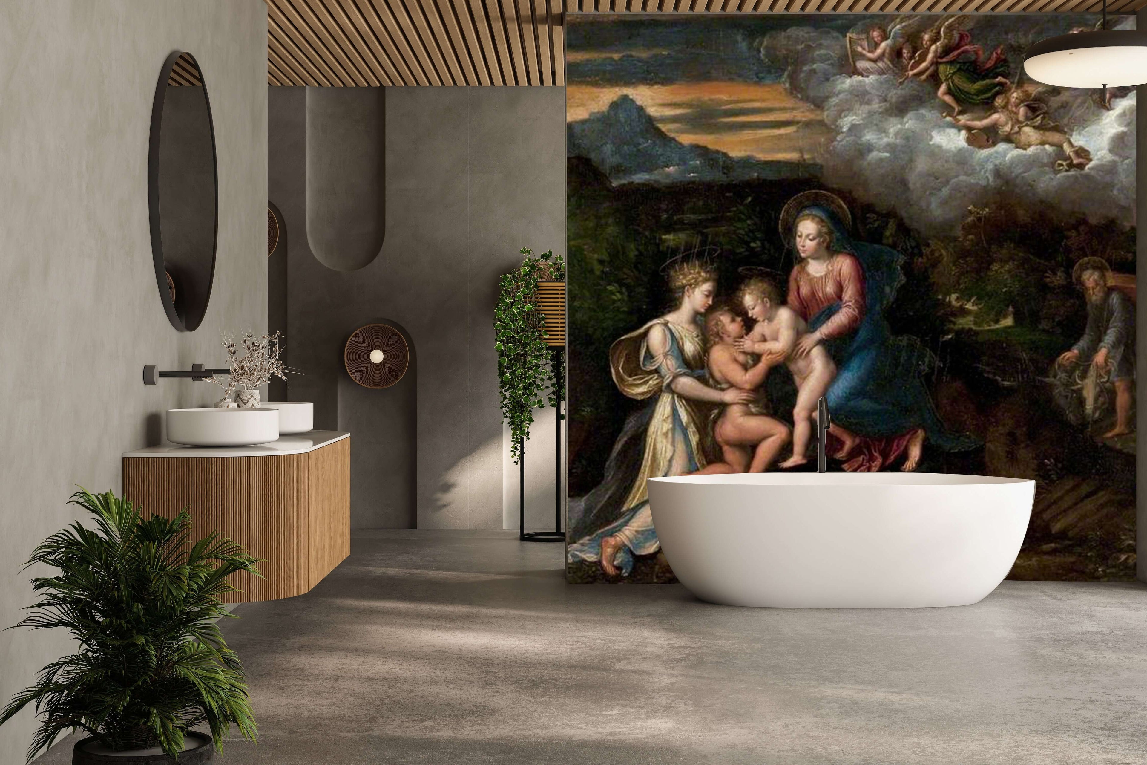 Luxury bathroom featuring Tate Collection wall art of The Virgin and Child, blending sacred art with modern design.