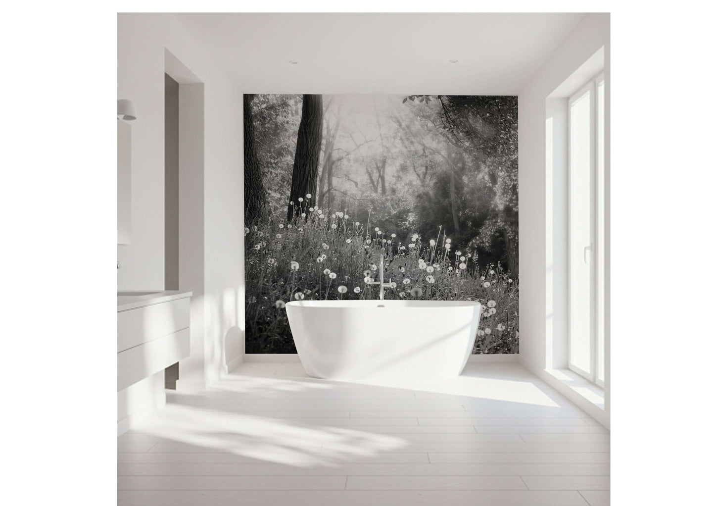Black and white summer meadow wall art creating a serene bathroom atmosphere with a modern tub.