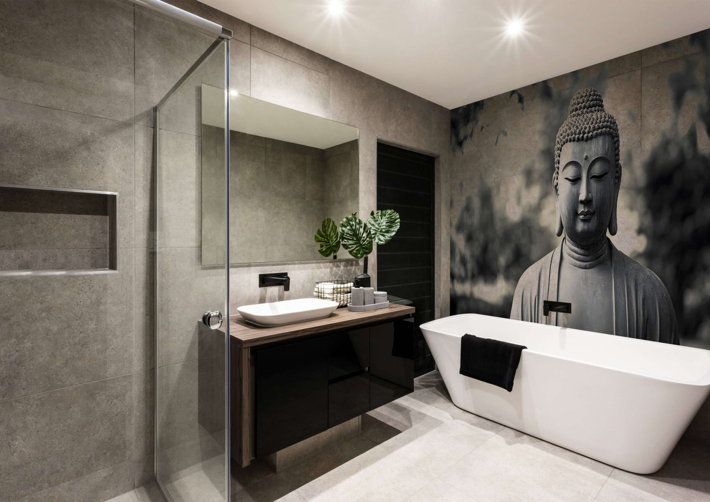Tranquil bathroom featuring a zen Buddha wall panel, stylish bathtub, and modern decor for ultimate relaxation.
