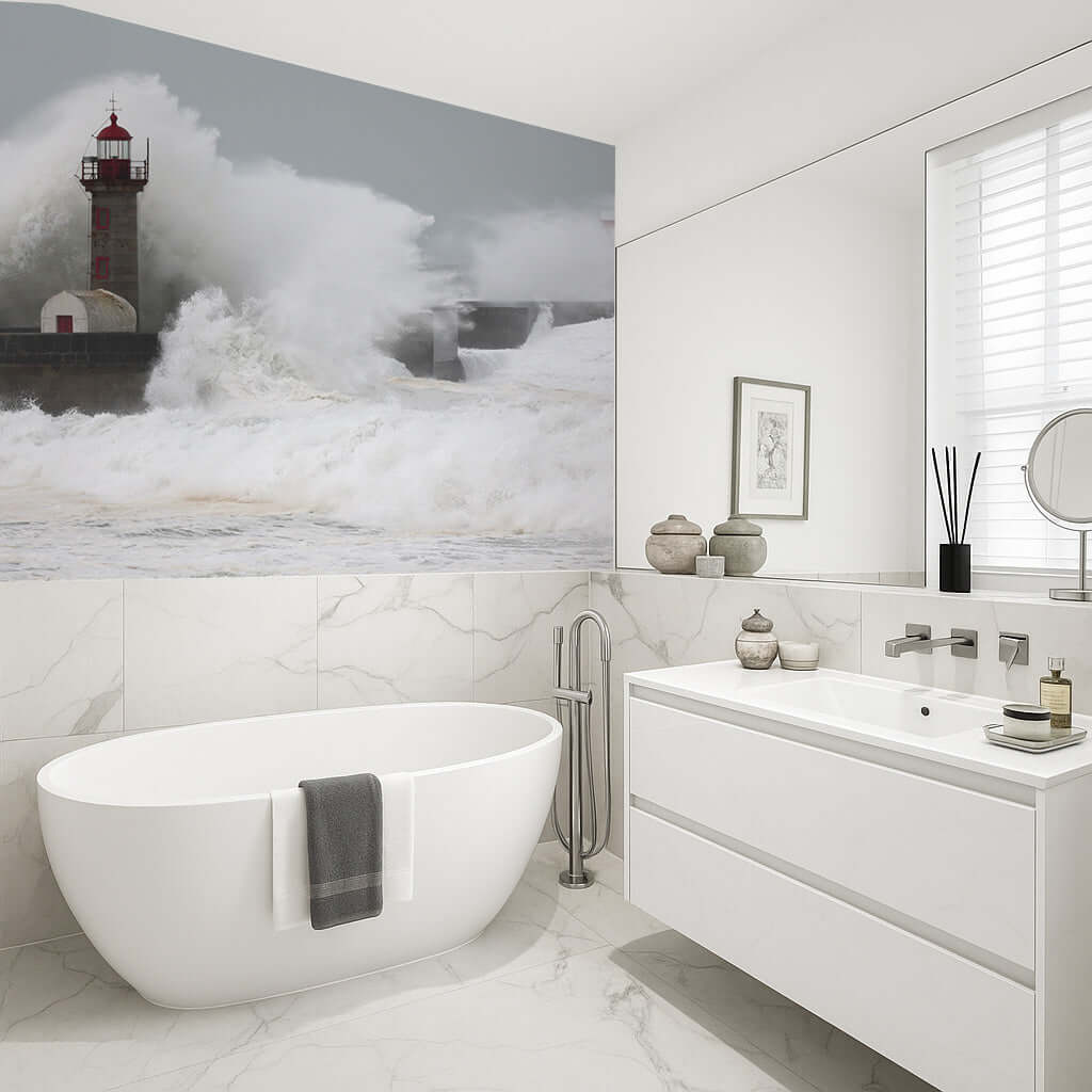 Huge Waves Crashing into Lighthouse Bathroom Panel