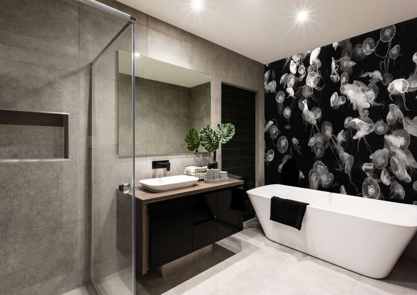Sleek bathroom featuring monochrome jellyfish art panel, modern fixtures, and a serene atmosphere.