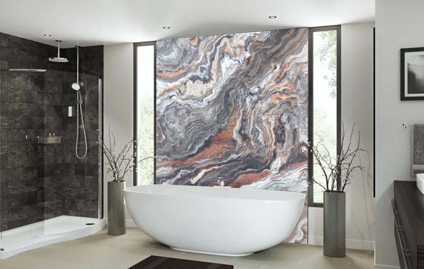 Stylish bathroom featuring red onyx stone wall art, elegant bathtub, and modern design elements for a spa-like oasis.