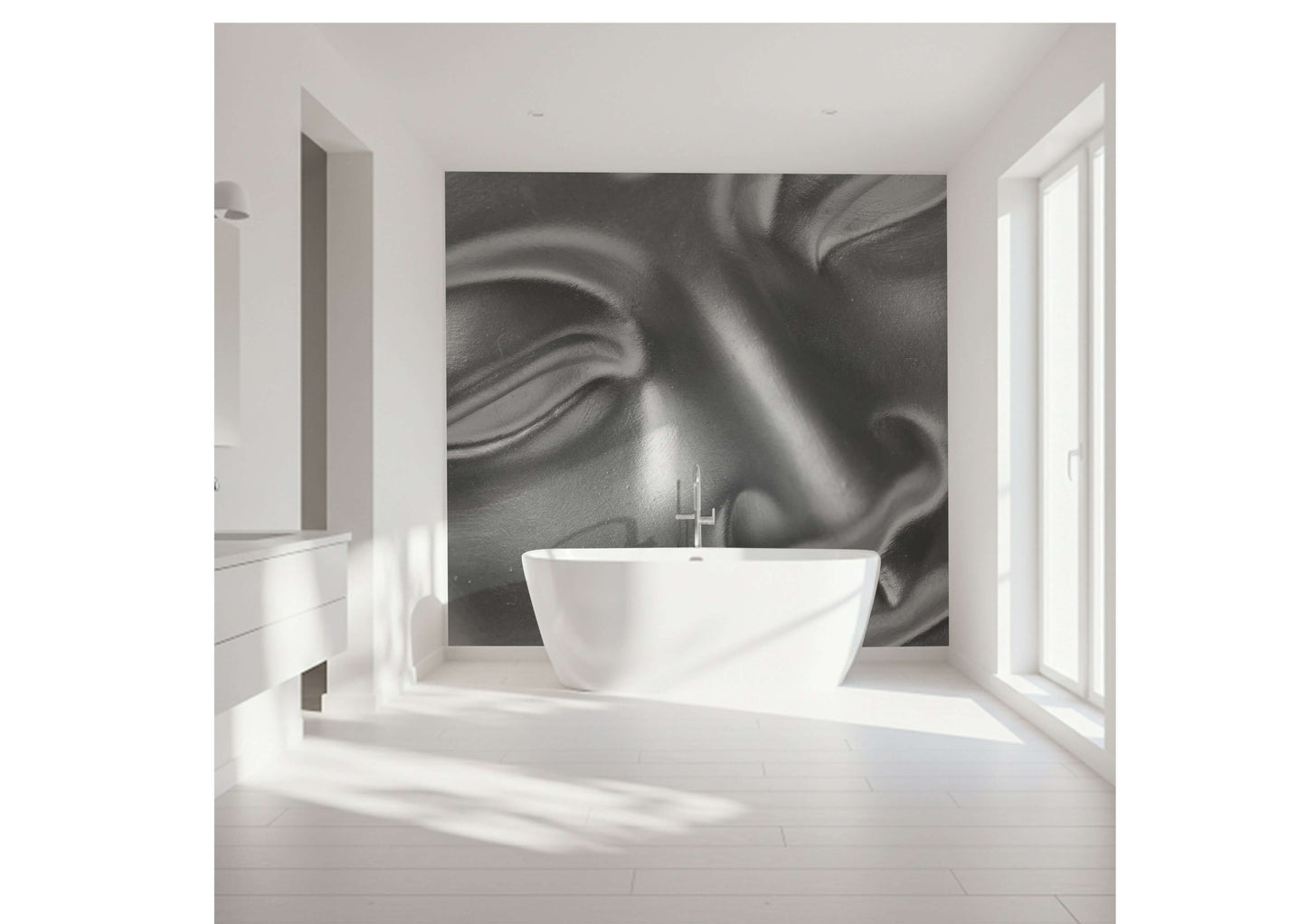 Close-up of a metallic Buddha head wall panel in a modern bathroom setting, enhancing the shower experience.