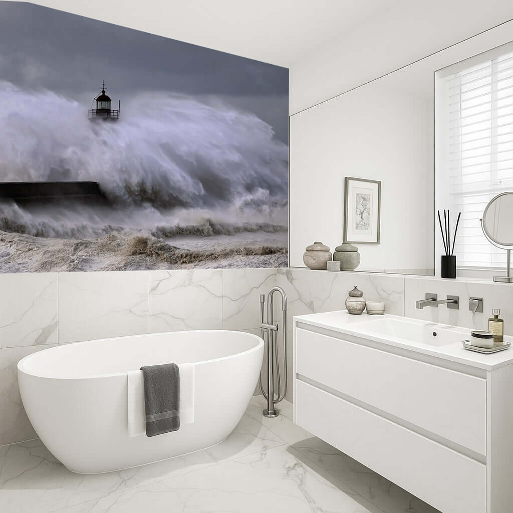 Stormy lighthouse art panel for bathrooms, showcasing powerful waves crashing around a lighthouse.