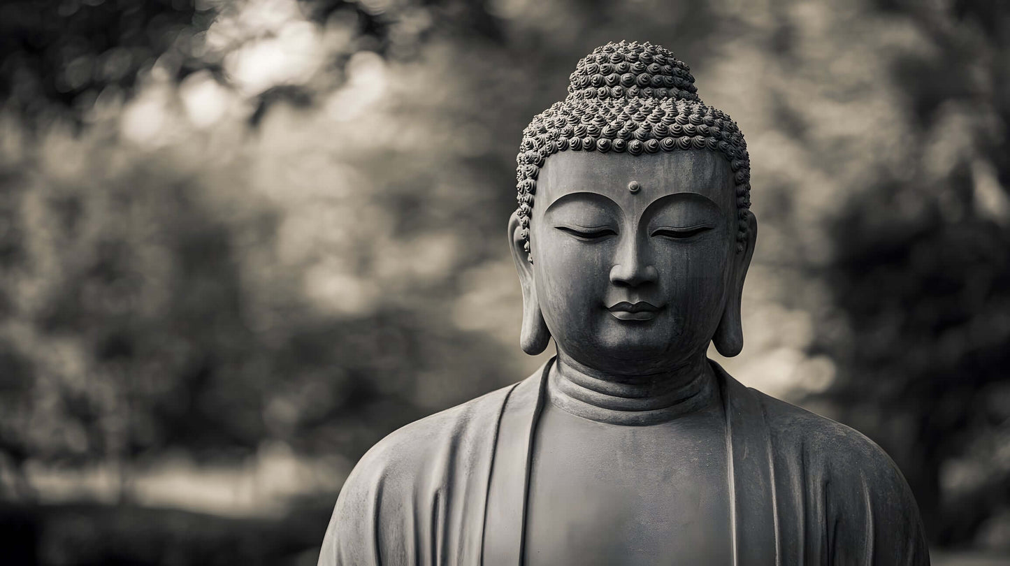 Serene black and white image of a Buddha statue, symbolizing tranquility for bathroom decor.
