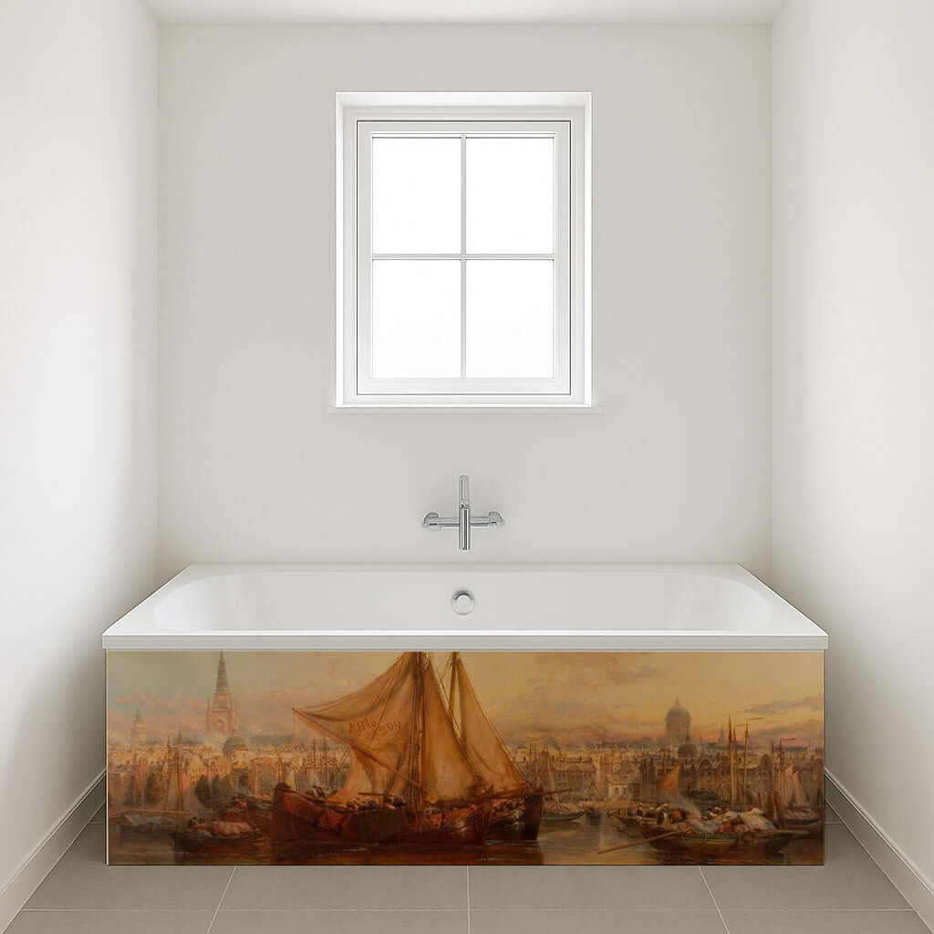 Amsterdam Harbour Bath Panel showcasing 19th-century maritime scene in elegant bathroom setting.