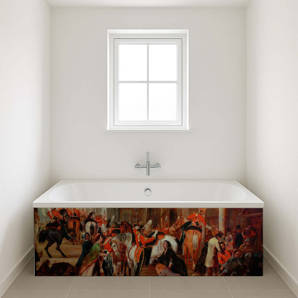 Irish Dragoons Bath Panel depicting vibrant 19th-century military scene in refined interior bathroom.