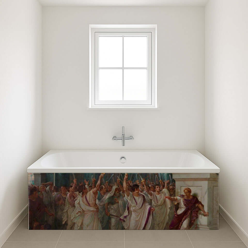 The Fall of Caesar Bath Panel featuring Julius Caesar's assassination scene in classical design.