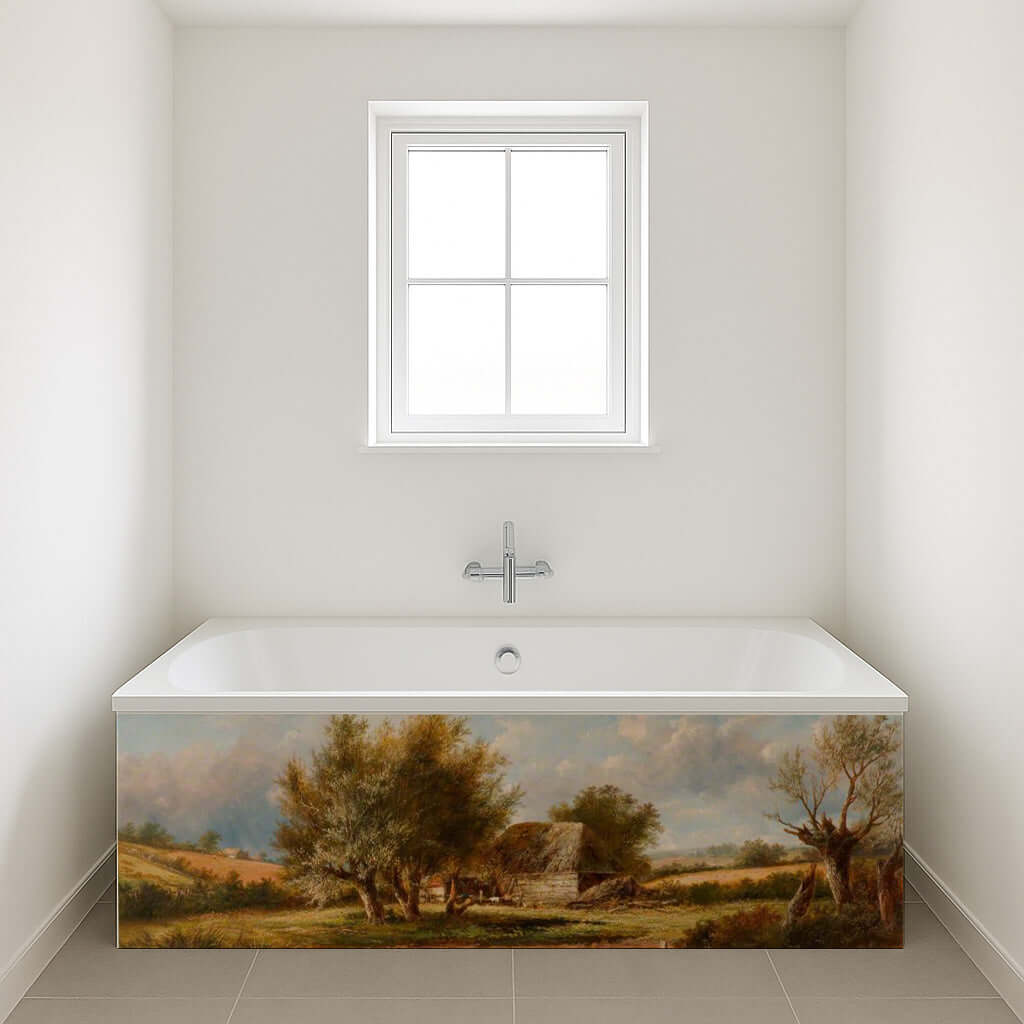Punt Fishing Bath Panel showcasing a serene pastoral landscape with rustic cottages and aged trees.