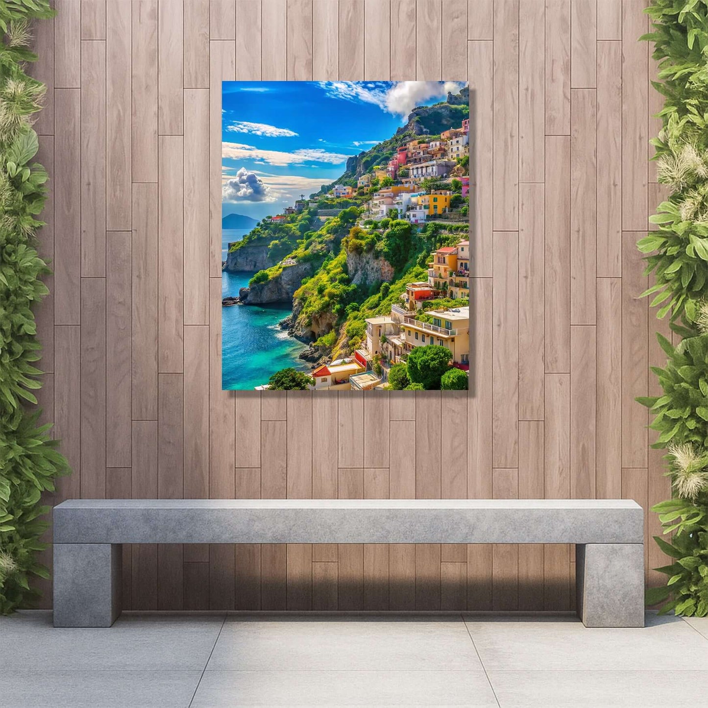 Stunning wall art of Positano's coastline, perfect for adding Mediterranean charm to your outdoor space.