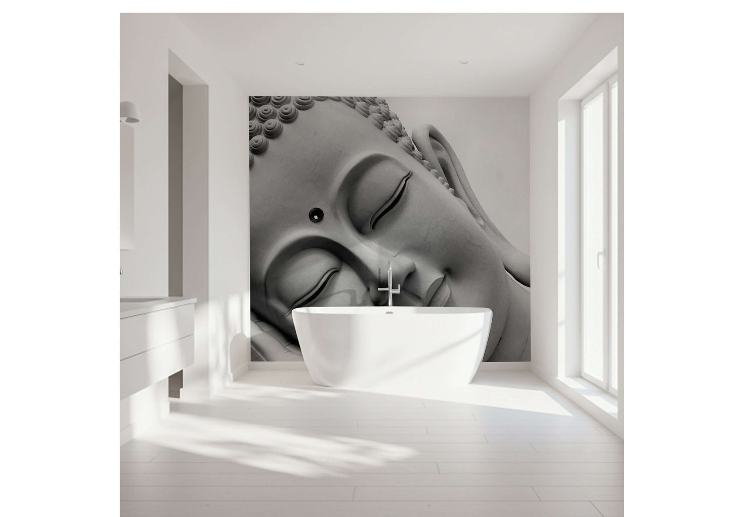 Handmade shower panel featuring a serene Buddha face in a modern bathroom setting.