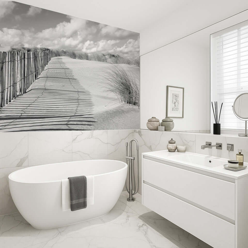 Crisp White Sands and Picket Fence Shower Panel