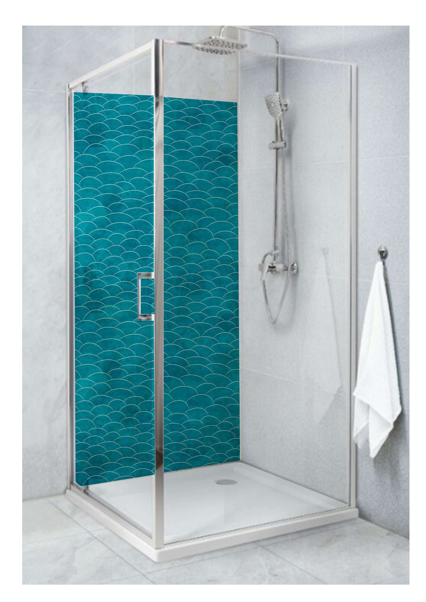 Geometric blue half moon wave pattern shower panel, enhancing modern bathroom decor with vibrant color and texture.