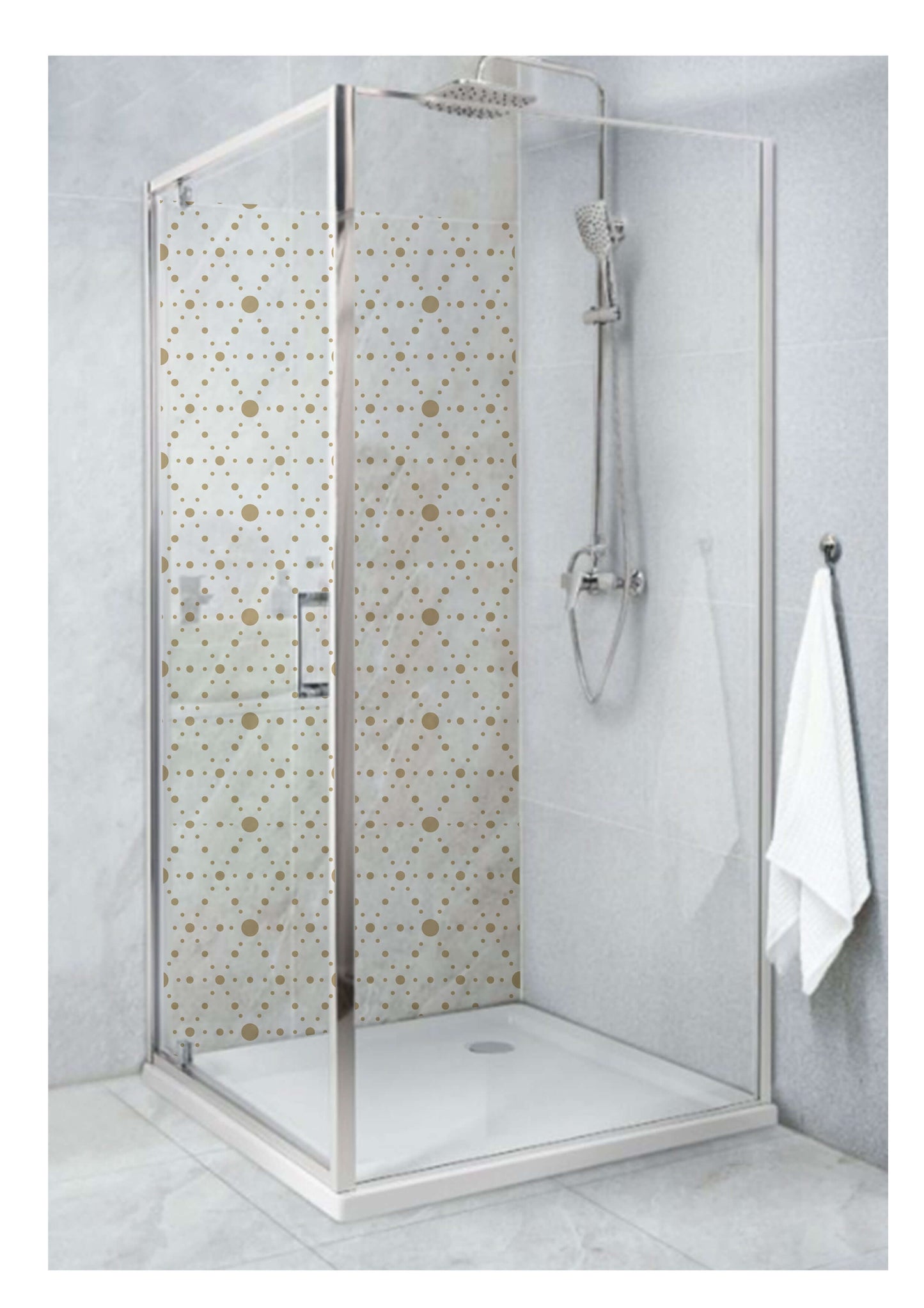 Modern shower with geometric dots panel in a minimalist bathroom setting, featuring dynamic contrasts in sizes.