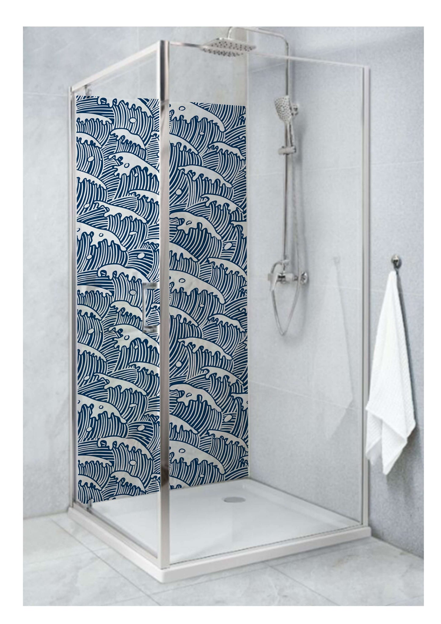 Geometric blue and white wave design in modern shower panel, evoking motion and serenity in bathroom interiors.