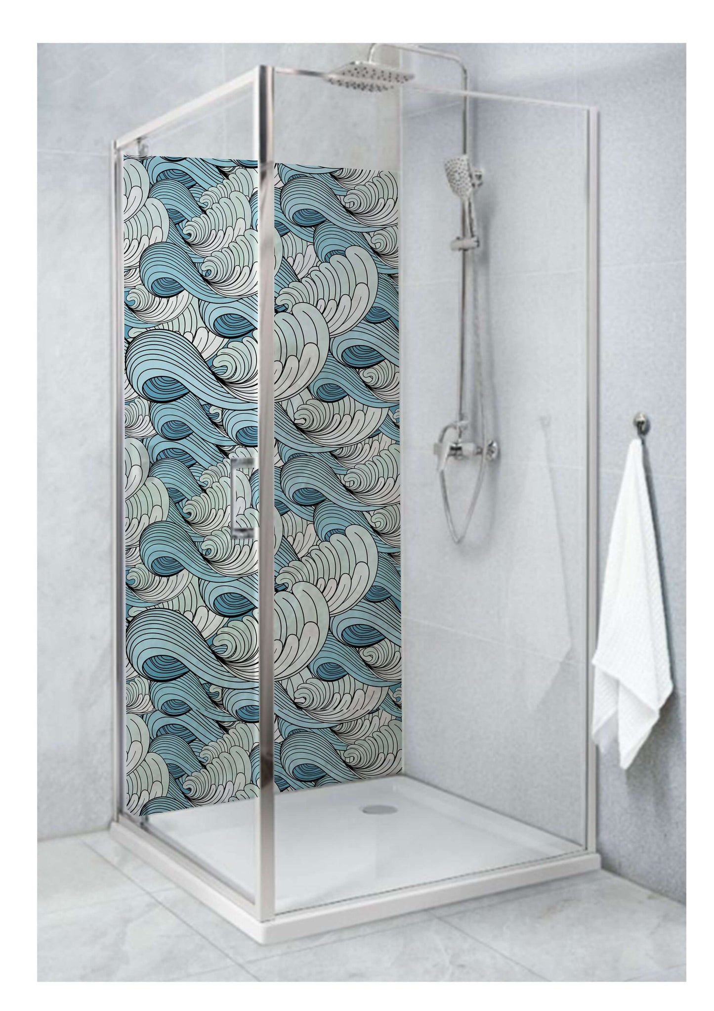 Geometric shower panel with blue waves design in modern bathroom, showcasing fluid patterns and contemporary style.