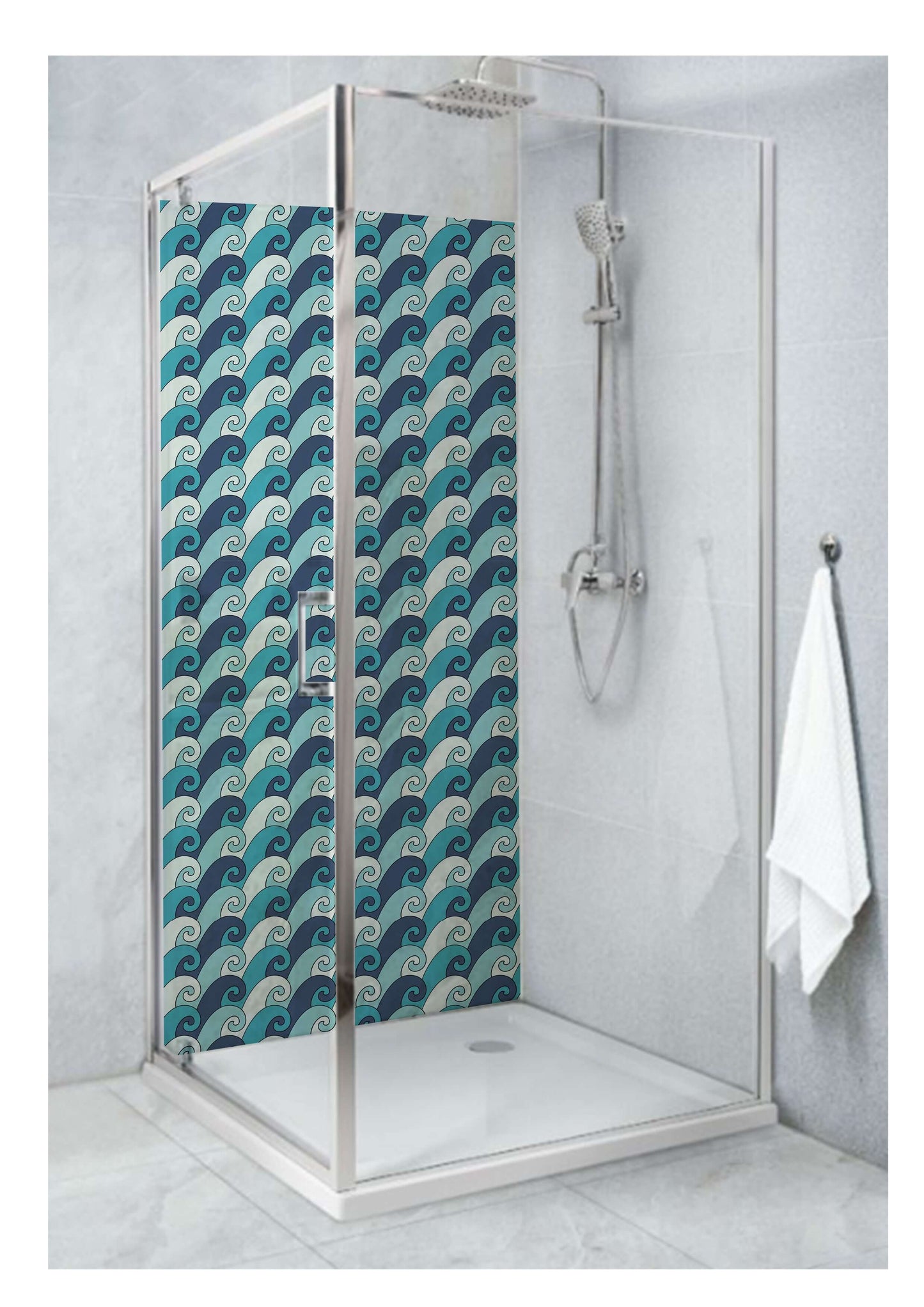 Geometric wave-pattern shower panel in blue and green, transforming your bathroom into a stylish art piece.
