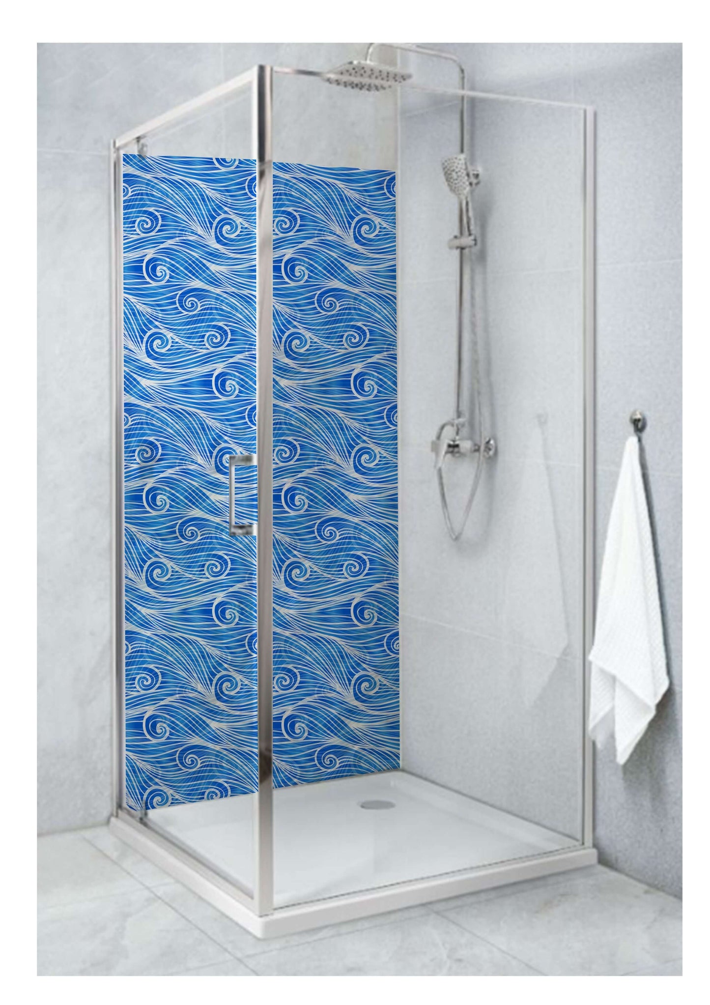 Stylish shower featuring a geometric blue wave panel, complementing modern bathroom design with soothing oceanic aesthetics.