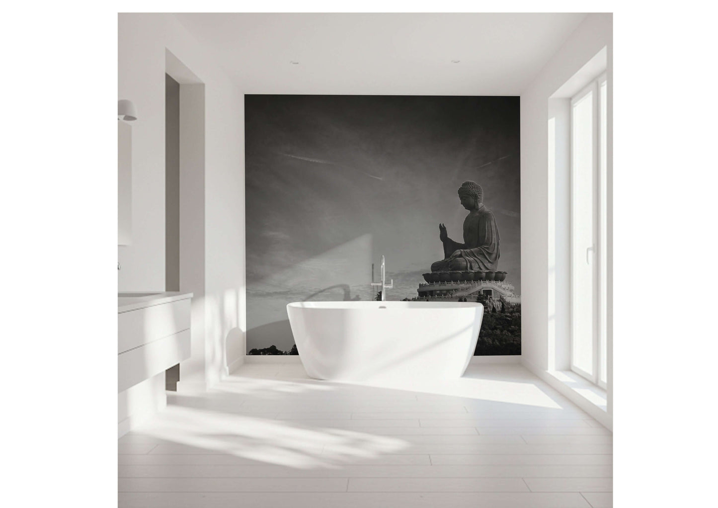 Elegant bathroom art featuring a serene Buddha statue, creating a tranquil ambiance in a modern space.