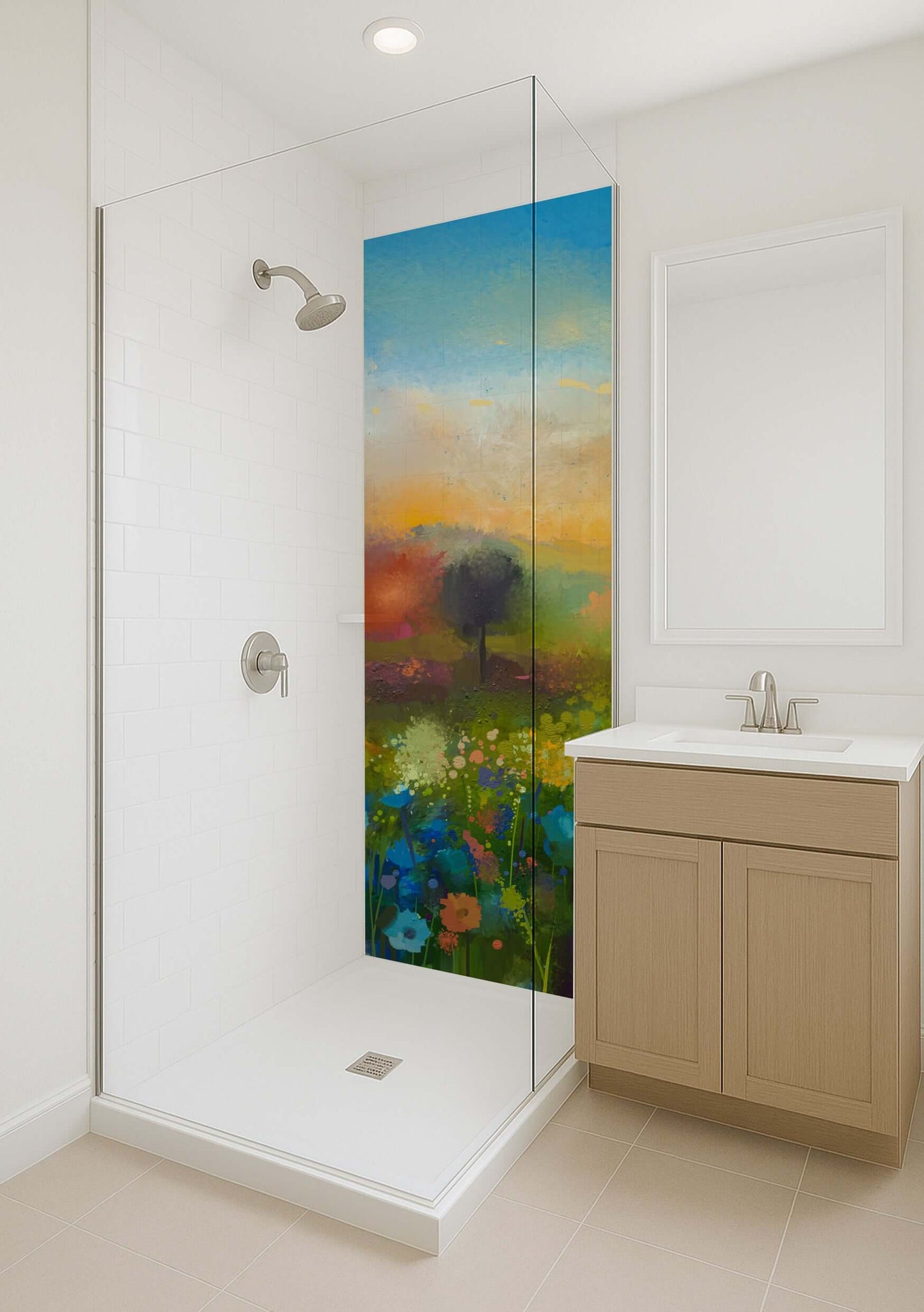 Watercolour blue poppies shower panel in modern bathroom, enhancing tranquility and elegance with nature-inspired design.