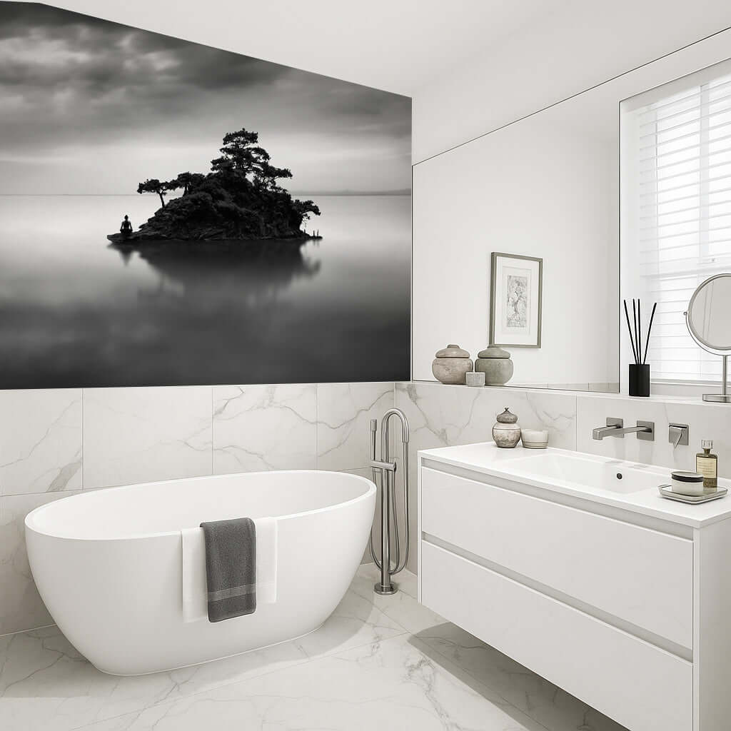 Stylish bathroom featuring a handmade shower panel with a misty island of rocks design for a calming ambiance.