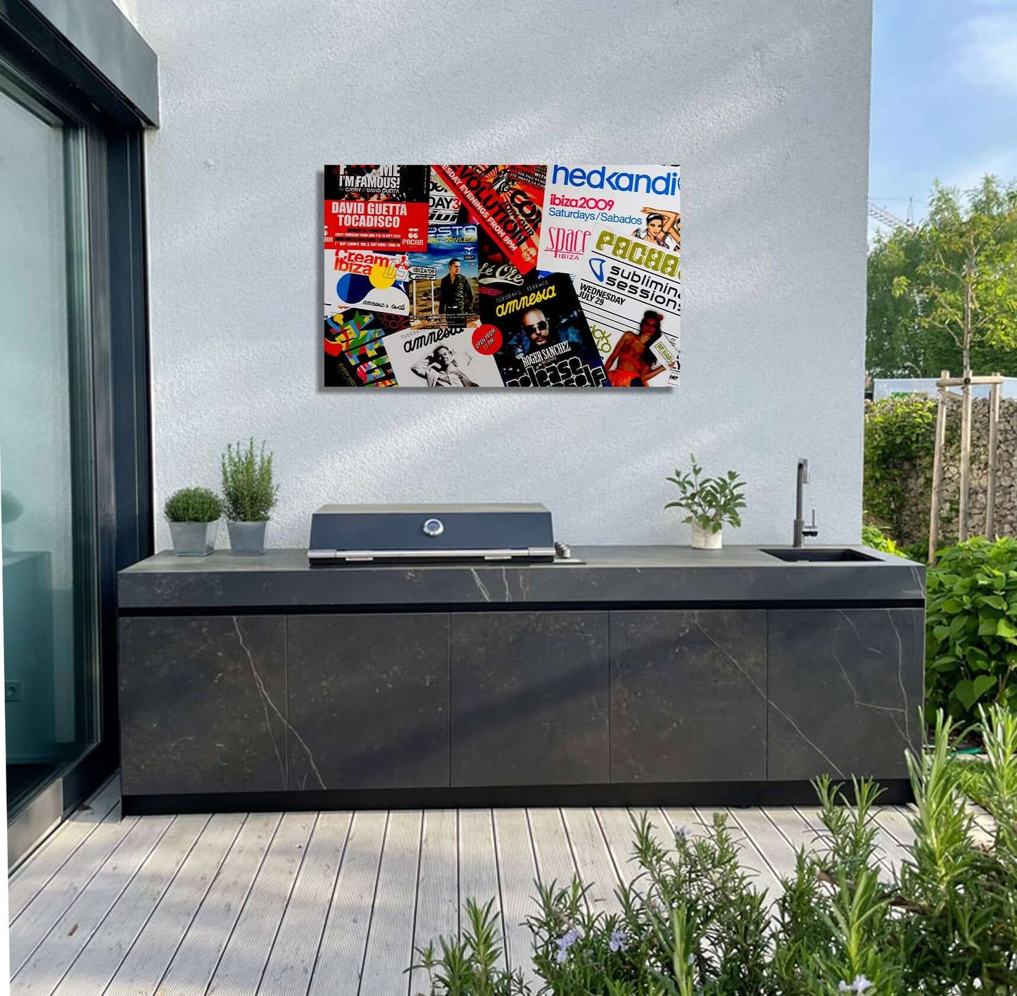 Bold collage of retro Ibiza flyers displayed in a modern outdoor kitchen space, evoking nostalgia and vibrant nightlife.