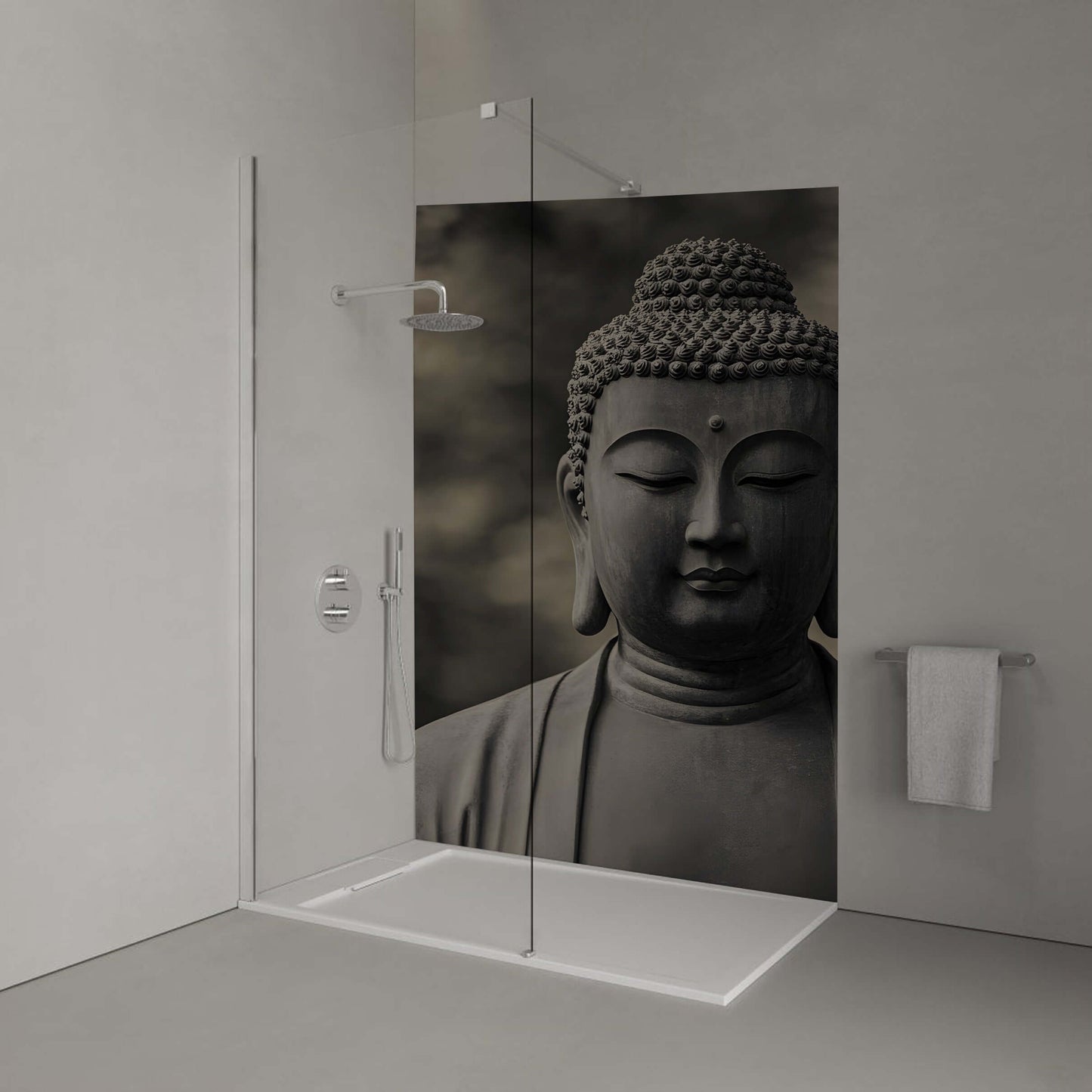 Monochrome Buddha wall panel in modern shower, embodying serenity and Eastern tranquility for mindful retreats.
