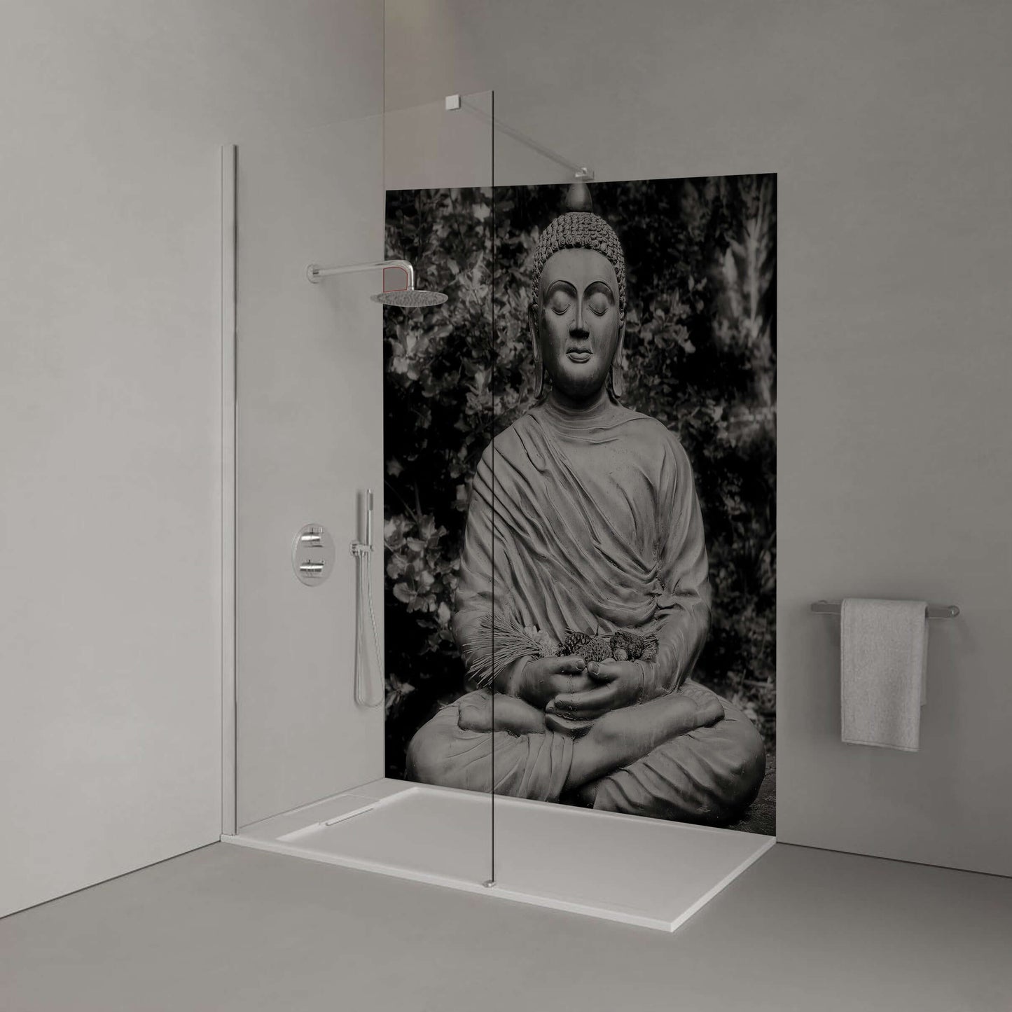 Monochrome sitting Buddha in serene meditation, enhancing bathroom tranquility and mindfulness.