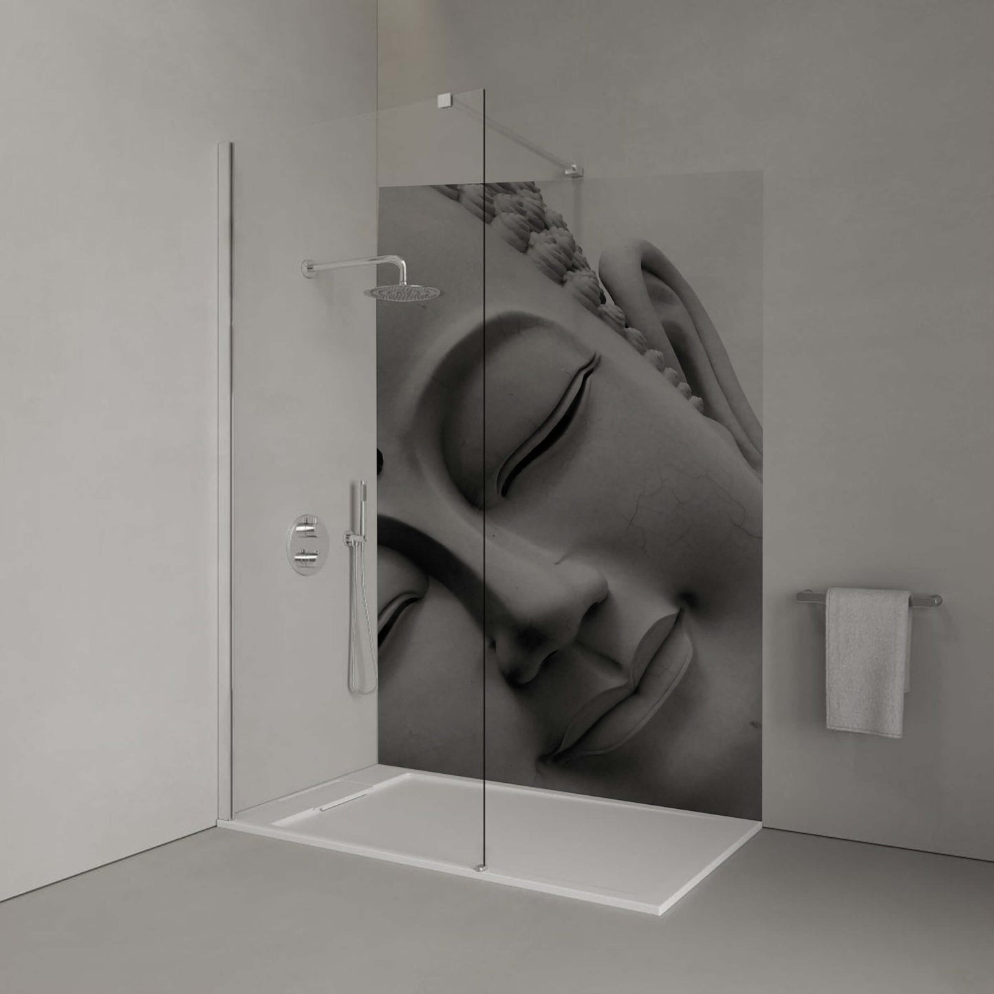 Monochrome tilting Buddha head panel in a serene bathroom setting, promoting tranquility and Buddhist-inspired décor.