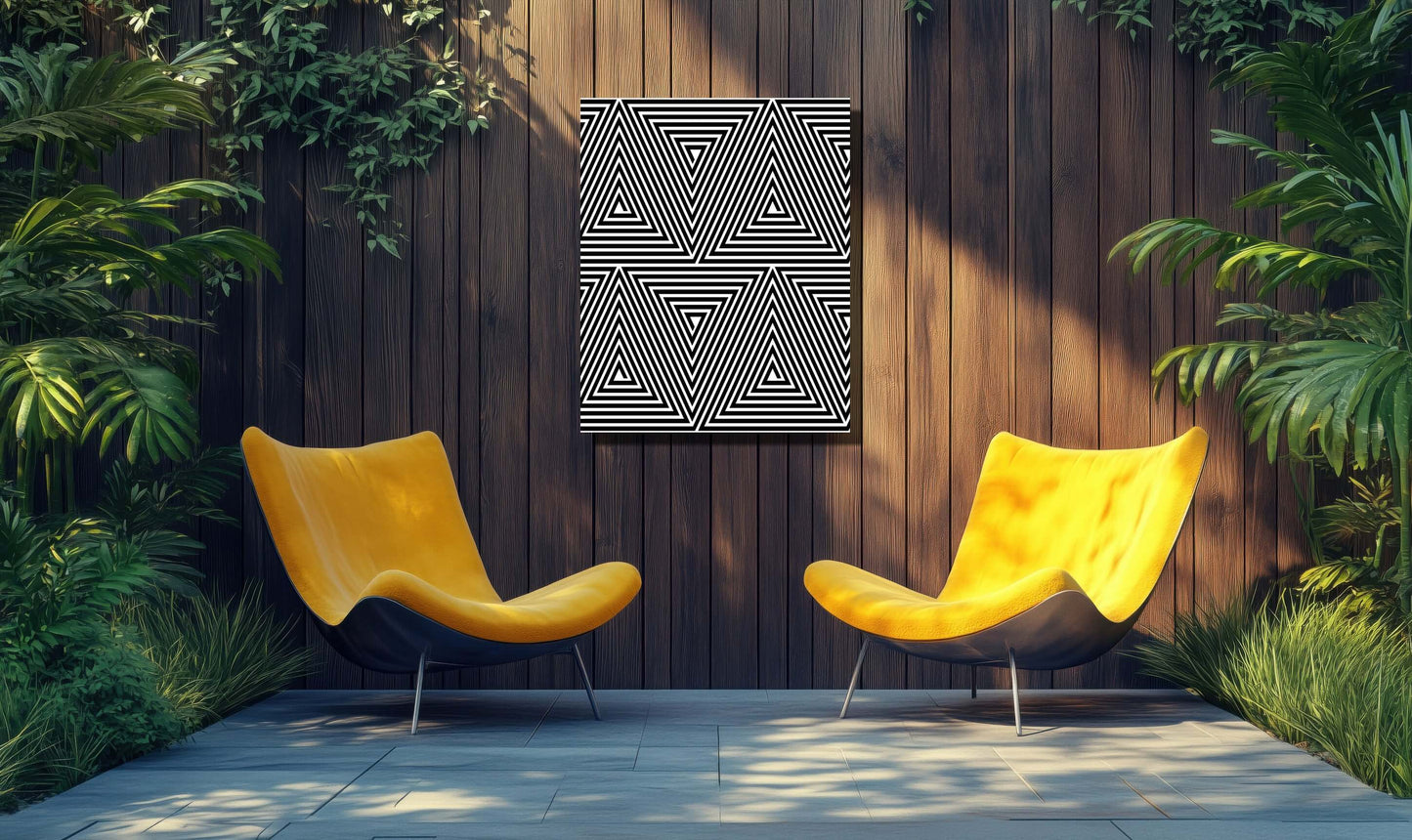 Zen Flow minimalist line art in a garden setting with yellow chairs, promoting relaxation and balance.