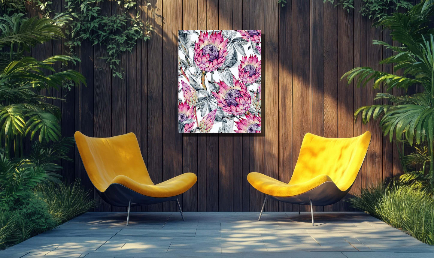Bright floral design titled Wild Blush in a stylish garden setting with yellow chairs and lush greenery.