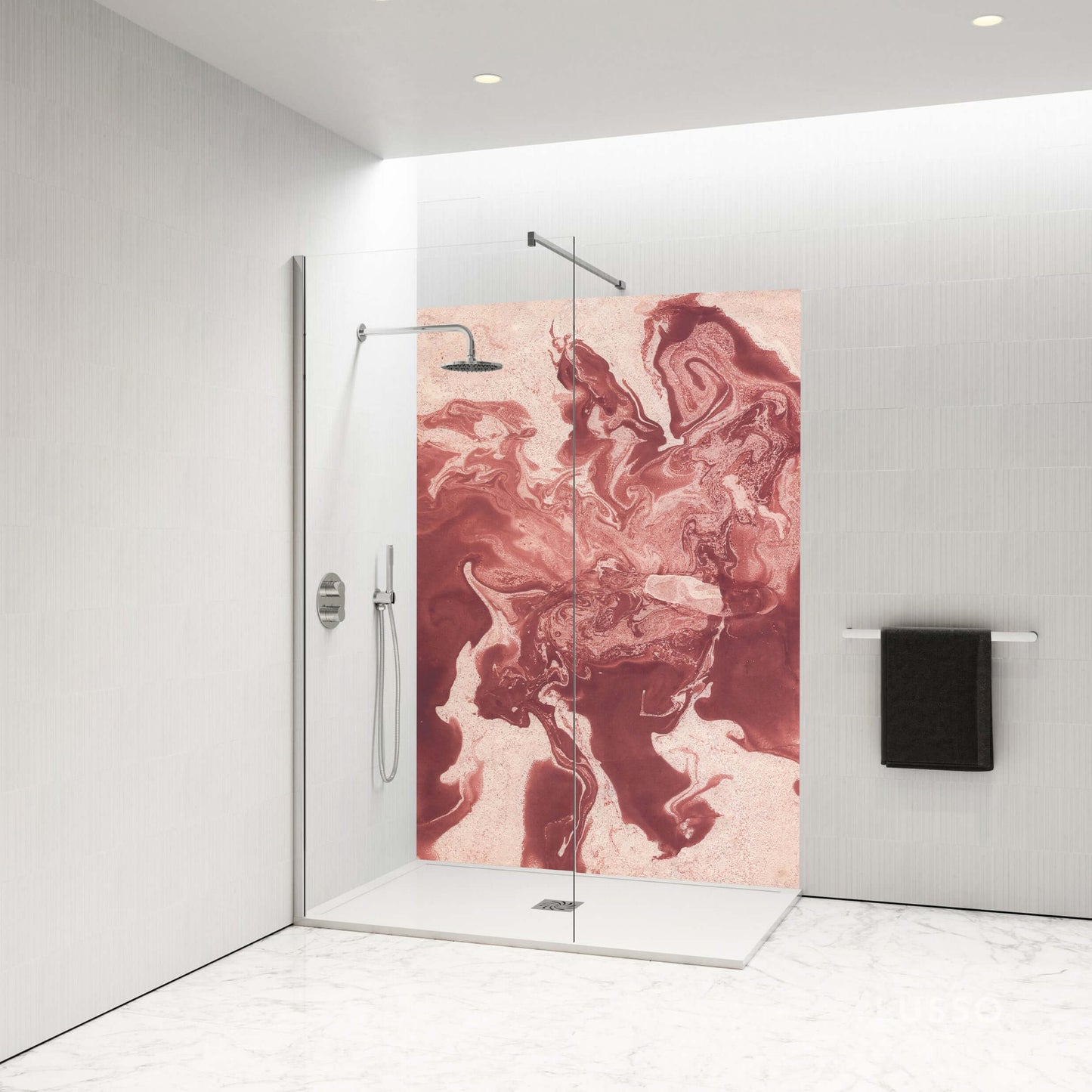 Red Ebru handmade shower panel with flowing marbled patterns, enhancing bathroom elegance and warmth.