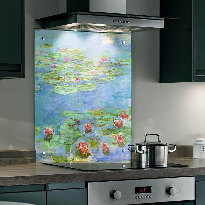 Colorful splashback featuring Monet's 'Lilies in a Pond', adding elegance and artistic charm to modern kitchen decor.
