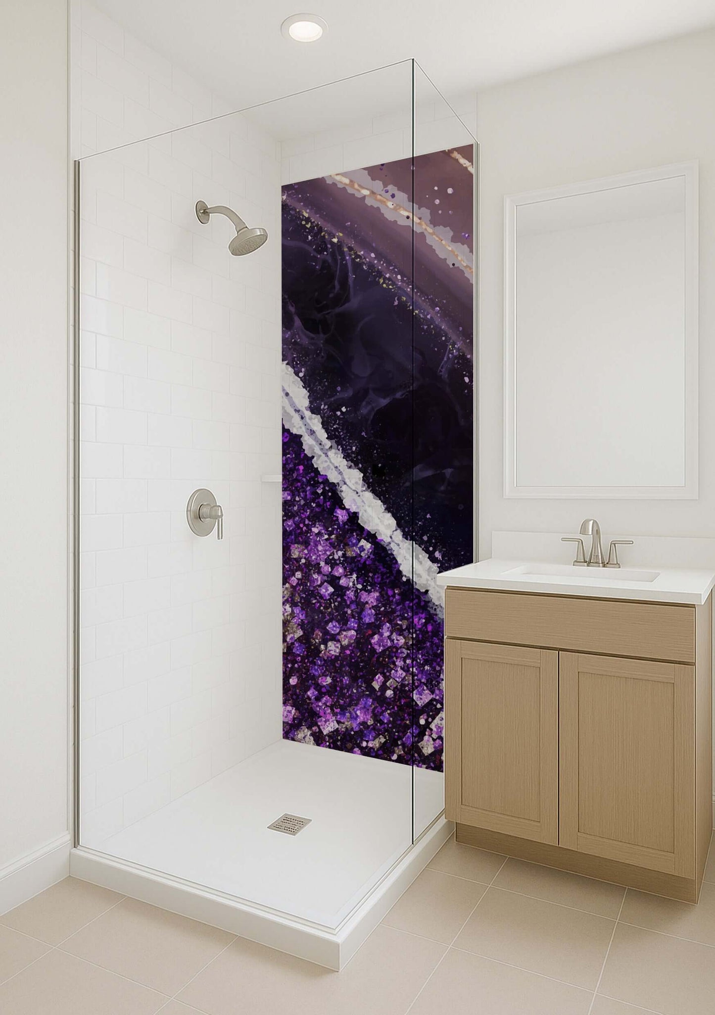Purple amethyst crystal panel in a modern bathroom shower, adding elegance and vibrant color.