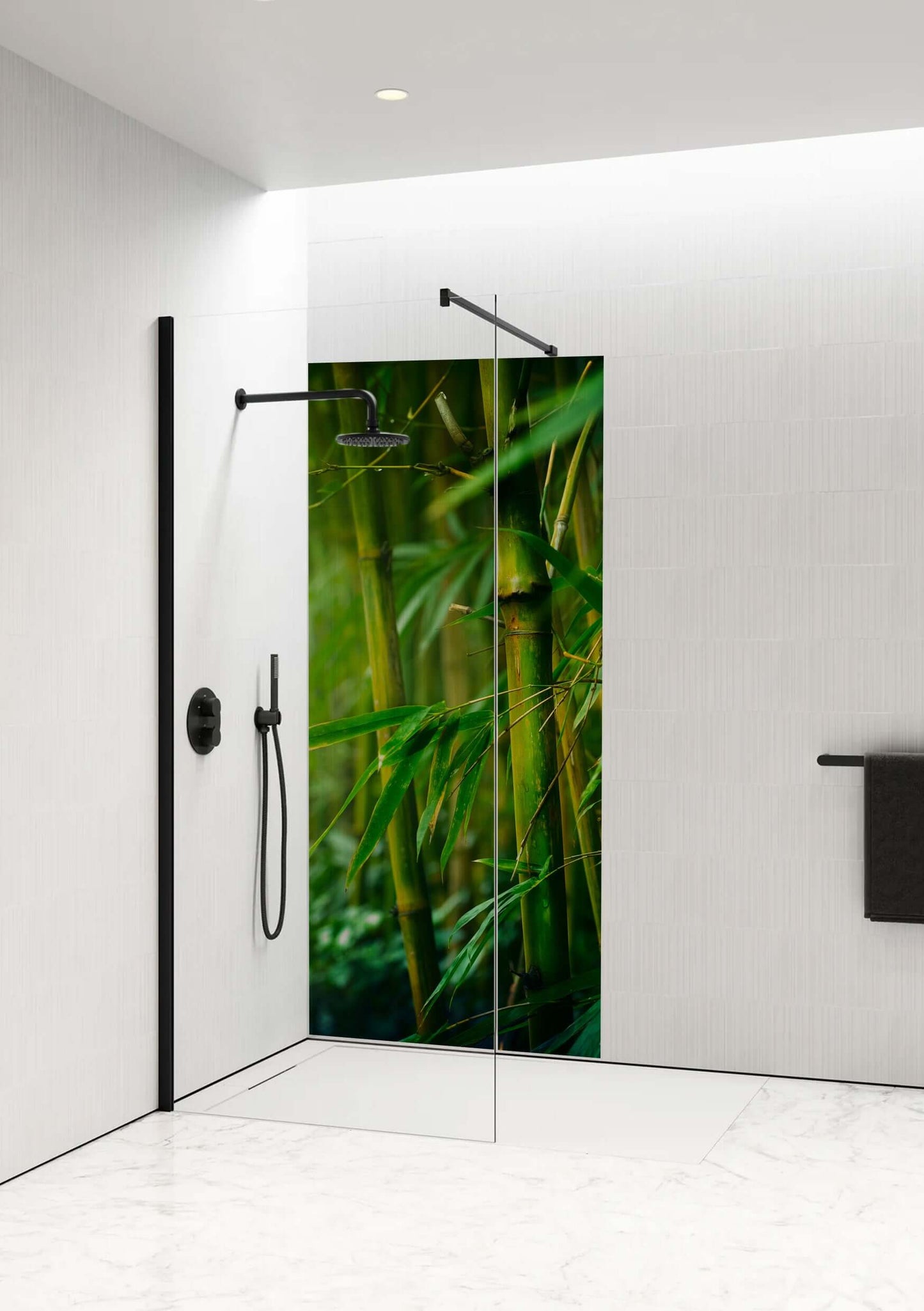 Bamboo Forest Shower Panel by Opelli, capturing the essence of nature in a modern bathroom setting.