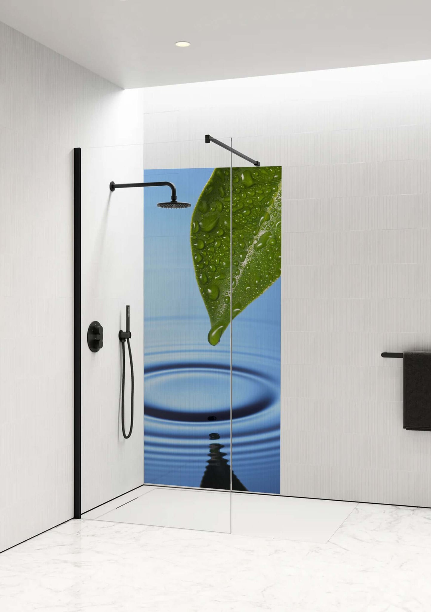 Tranquil Leaf and Water Shower Panel by Opelli featuring a leaf and calm water design, ideal for mindful living spaces.