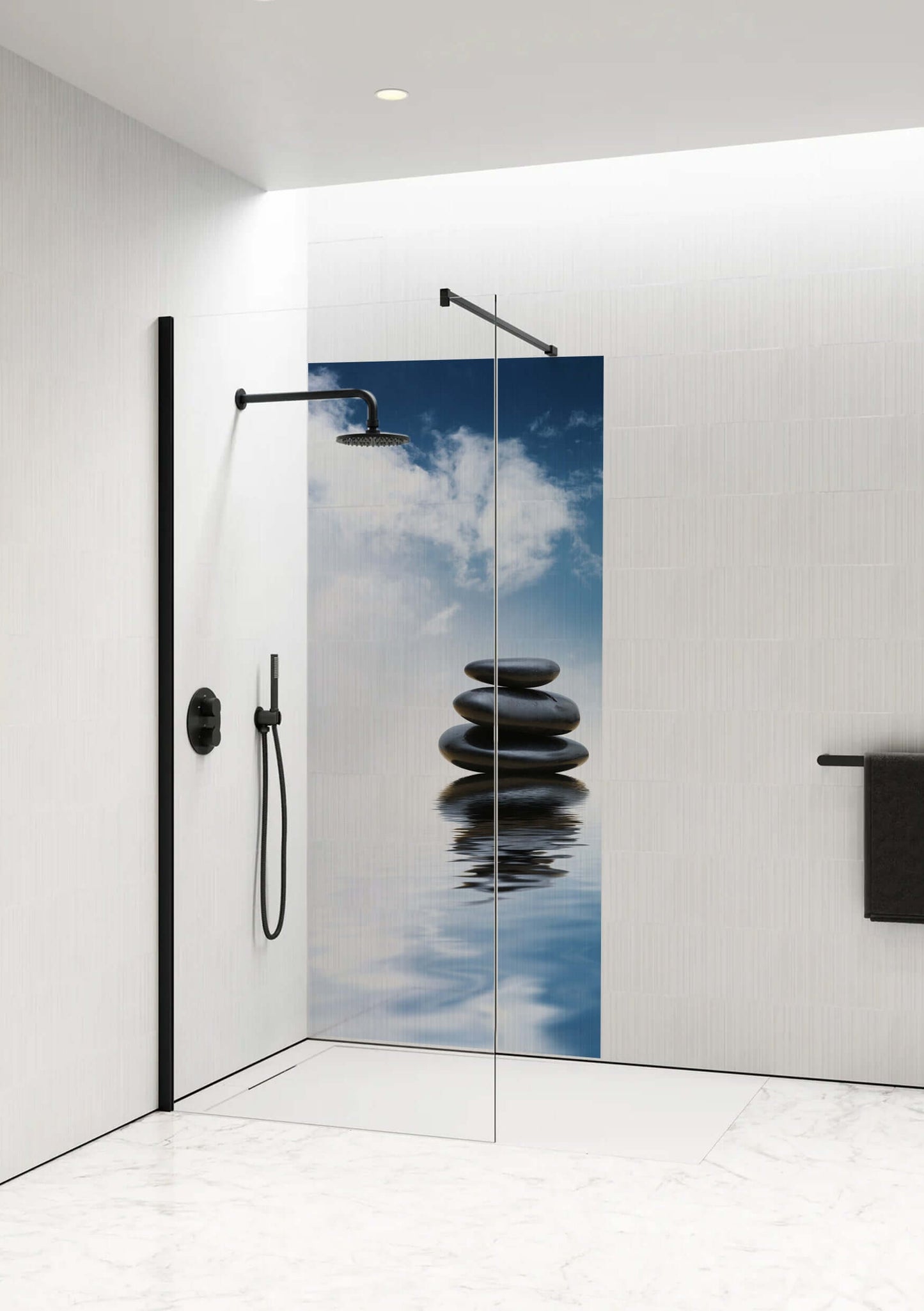 Sky Balance Shower Panel by Opelli featuring polished stones and reflective water under a serene sky.