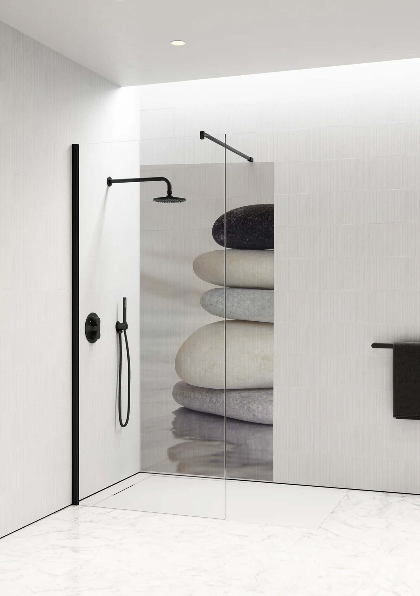Zen Balance Shower Panel featuring stacked river stones for a calming, minimalist bathroom design.
