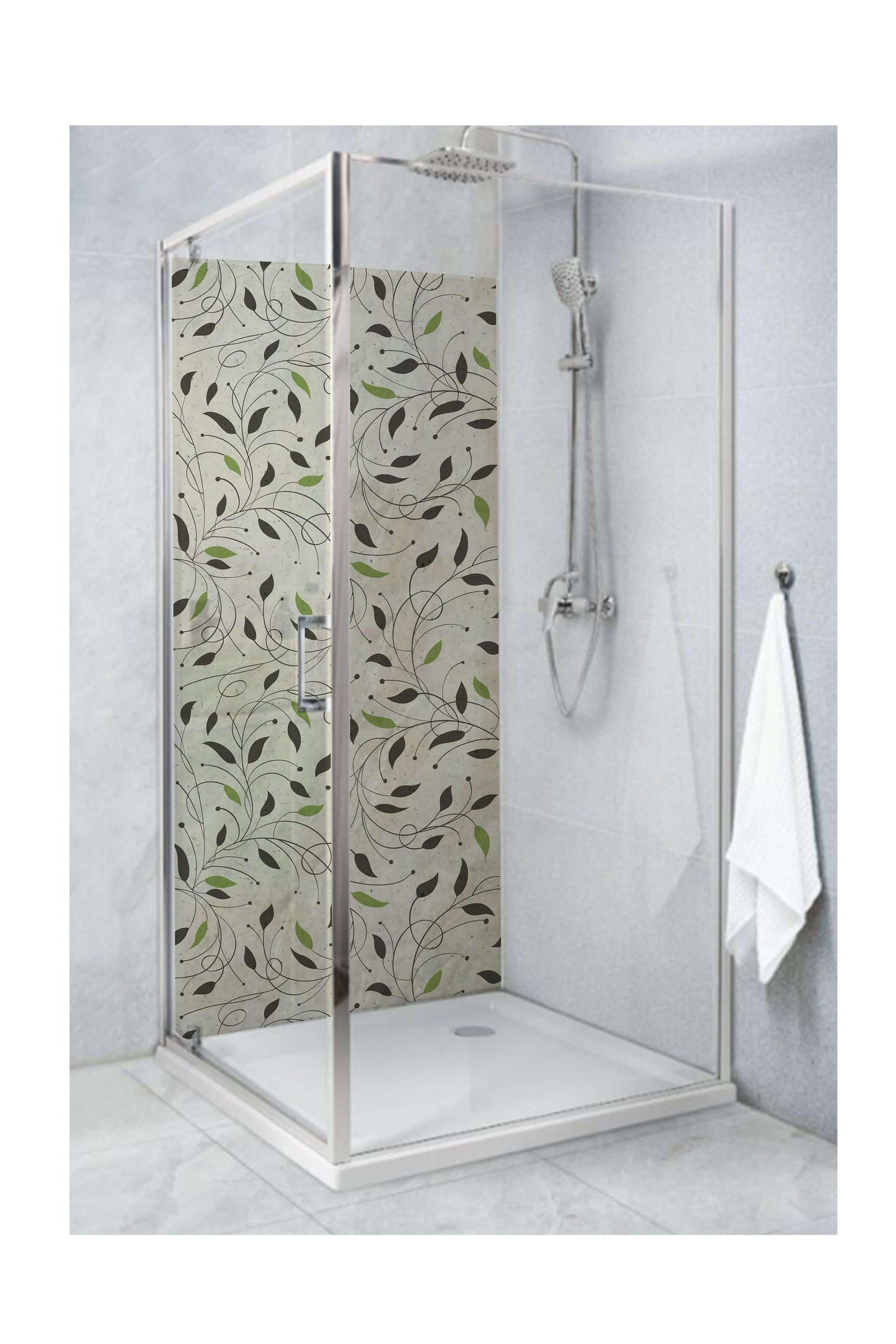 Shower panel featuring small leaves on a beige background, adding elegance and warmth to a modern bathroom.