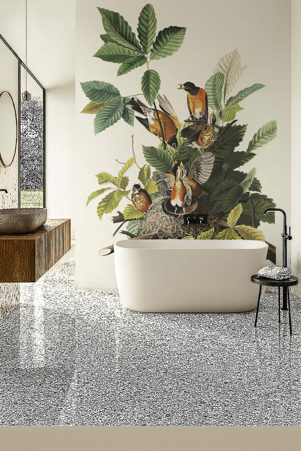 Audubon American Robin shower panel mural depicting nesting robins and lush foliage in a modern bathroom setting.