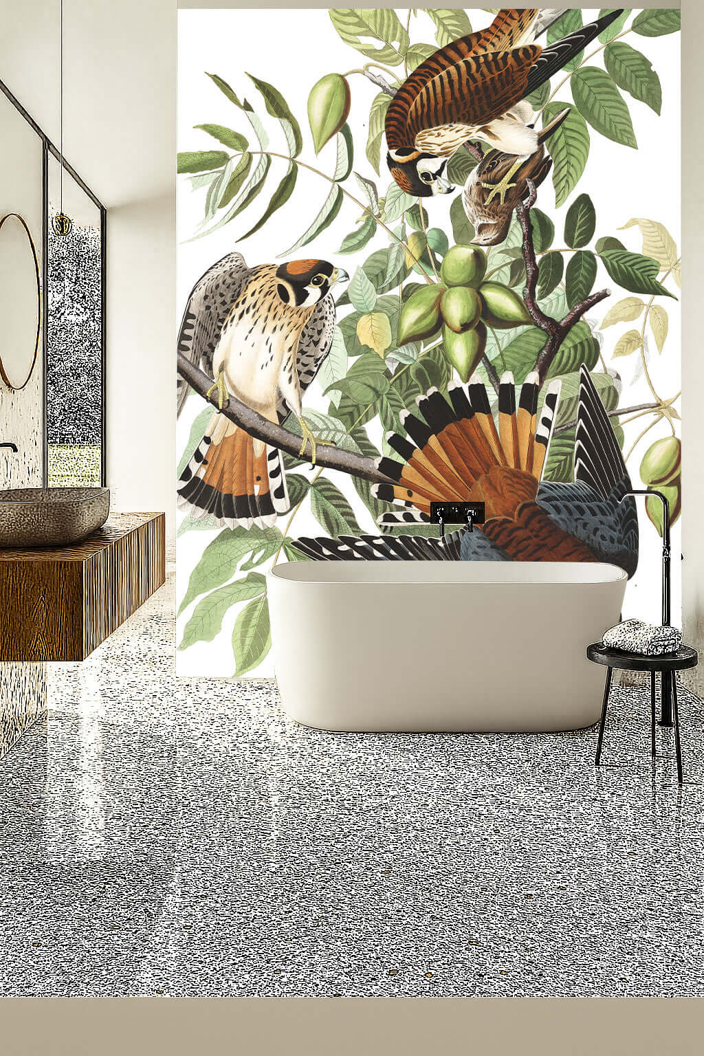 Audubon Kestrel Shower Panel displaying vibrant falcons amidst lush foliage in a modern bathroom setting.
