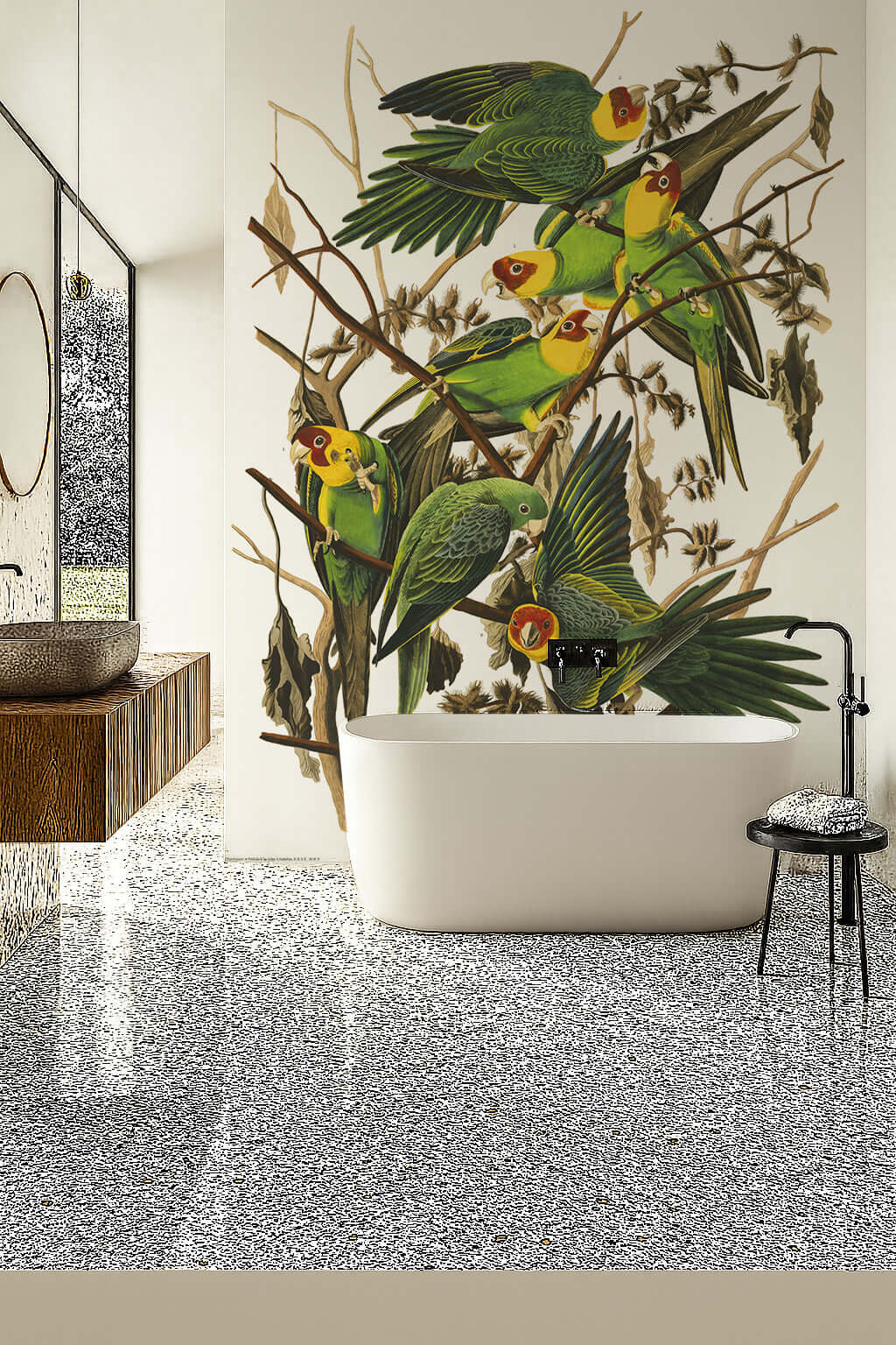 Luxury bathroom with Audubon Parrot wall mural and freestanding bath, showcasing Carolina Parakeets.