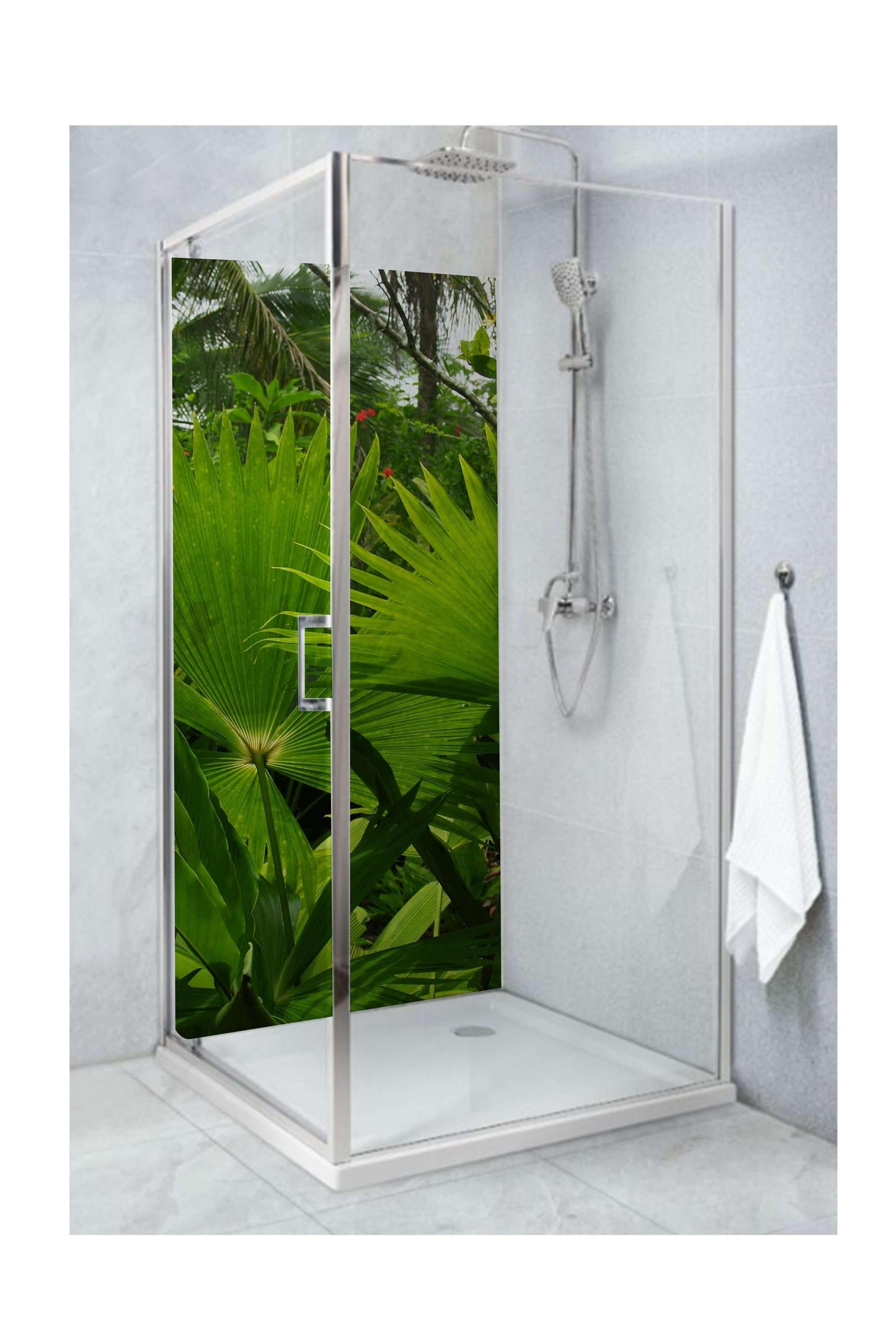 Vibrant shower panel with bright ferns, creating a revitalizing atmosphere in a modern bathroom.