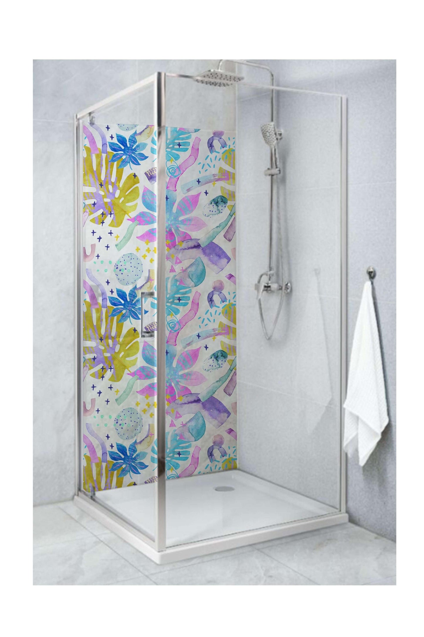 Vibrant shower panel featuring bright summer leaves and tropical patterns in a modern bathroom setting.