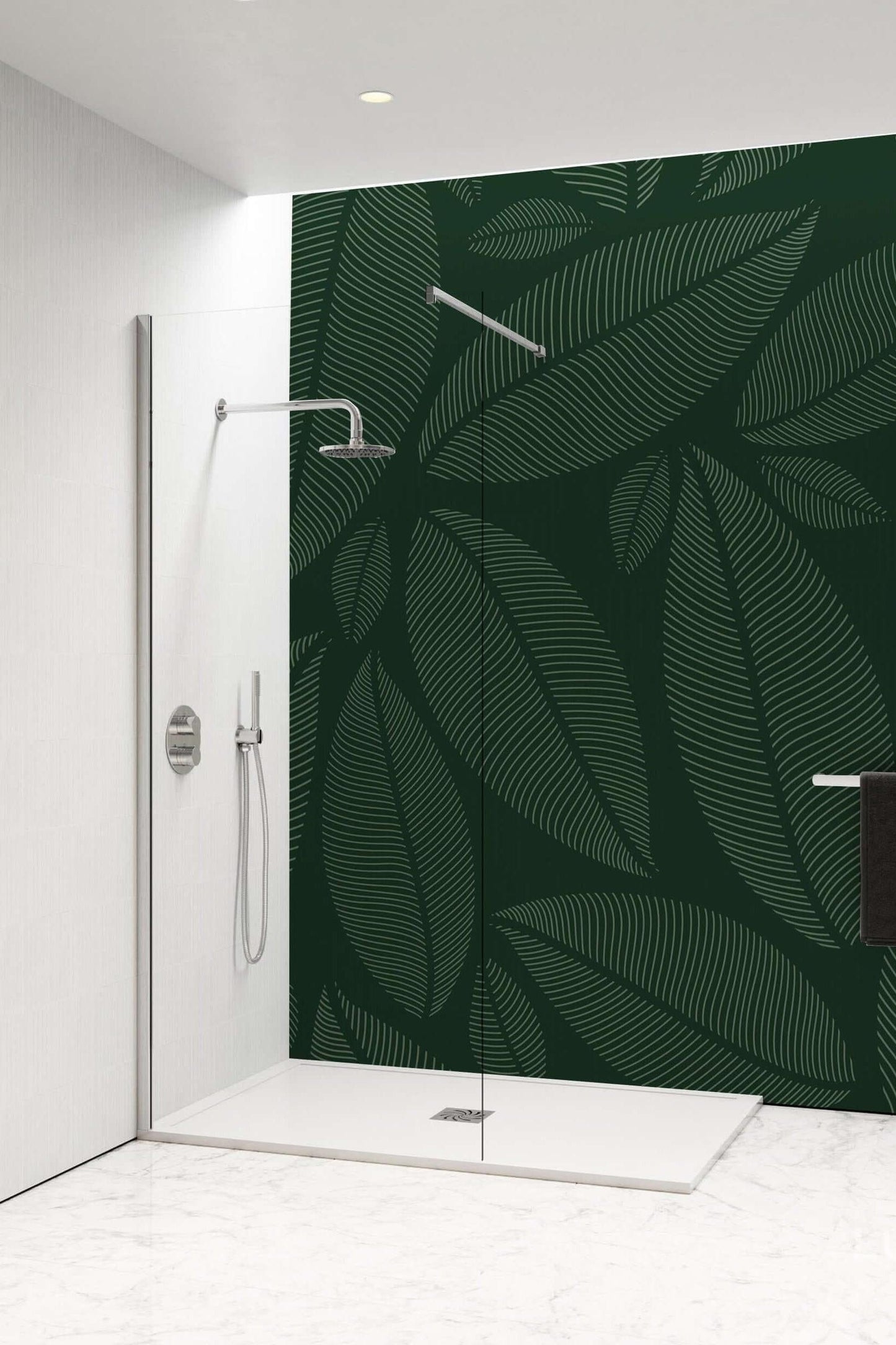 Dark green leaves panel in a modern bathroom shower, creating a serene and natural atmosphere.