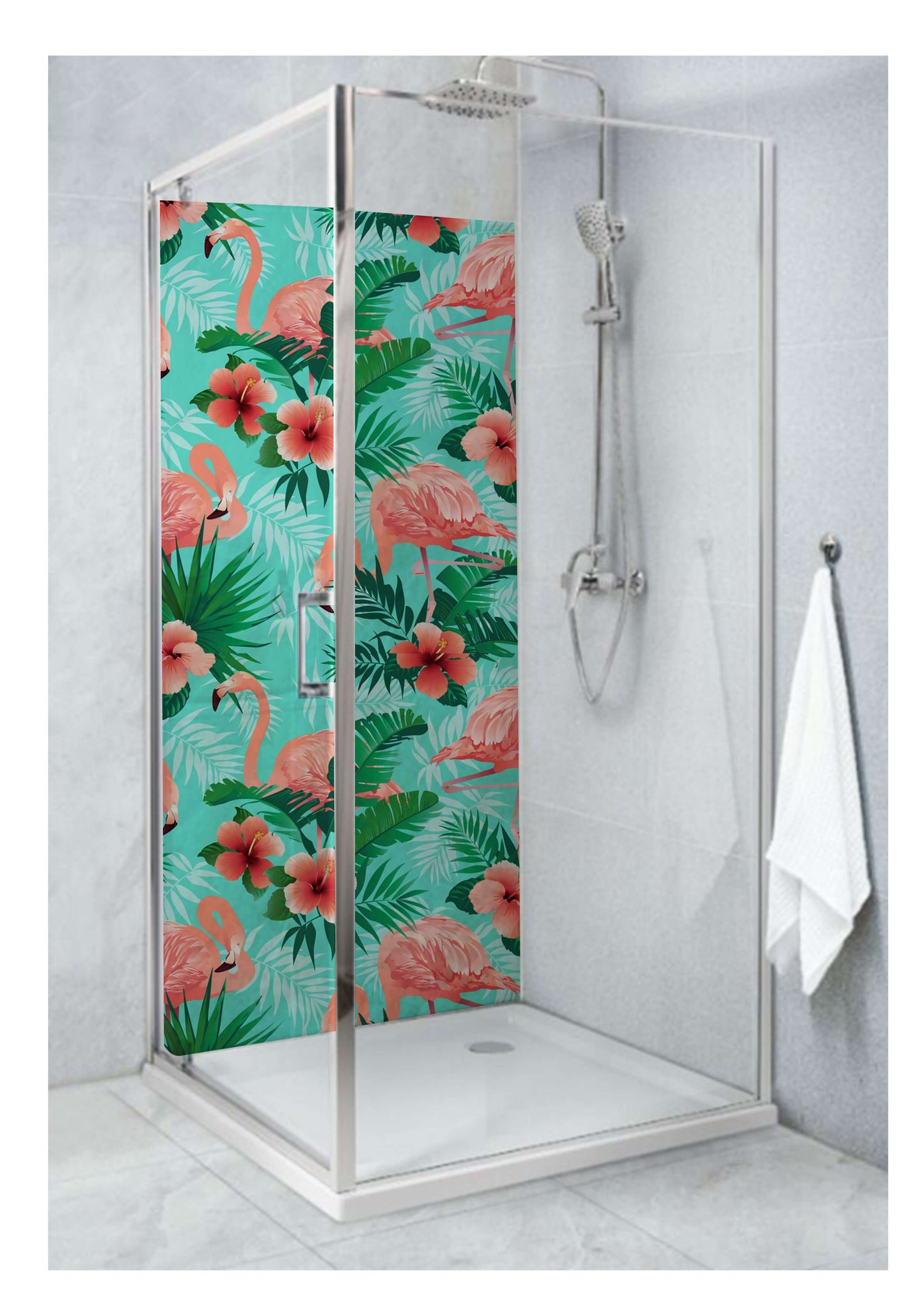 Vibrant shower design featuring colorful flamingos and tropical plants for a fun, stylish bathroom decor.