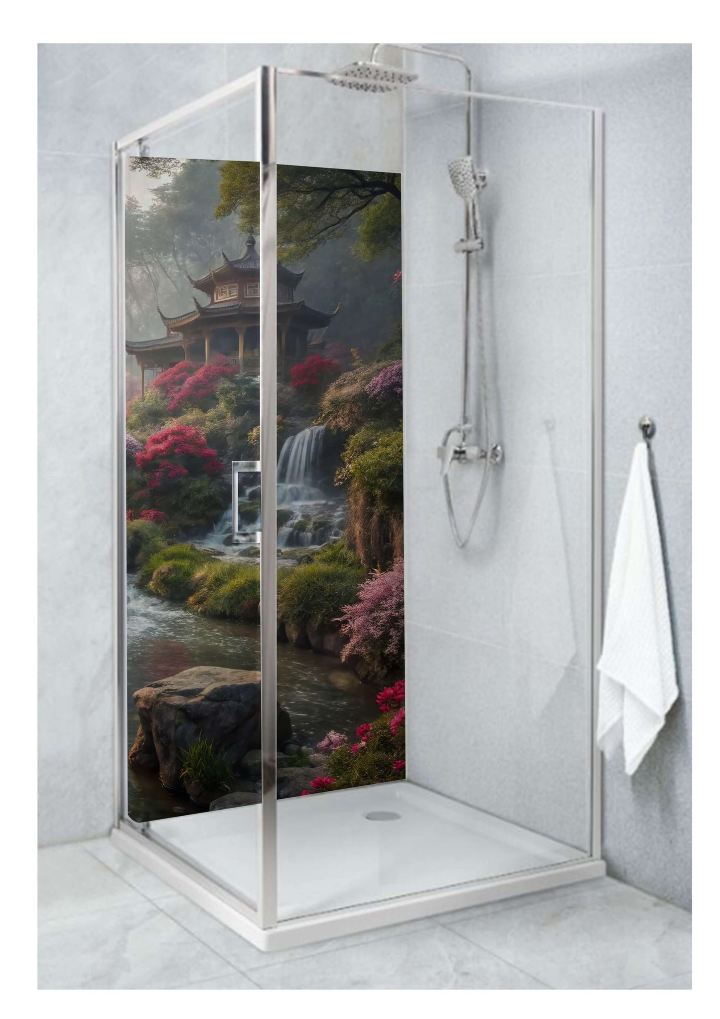 Shower featuring an oriental temple scene with waterfalls and colorful flowers, perfect for a serene bathroom transformation.
